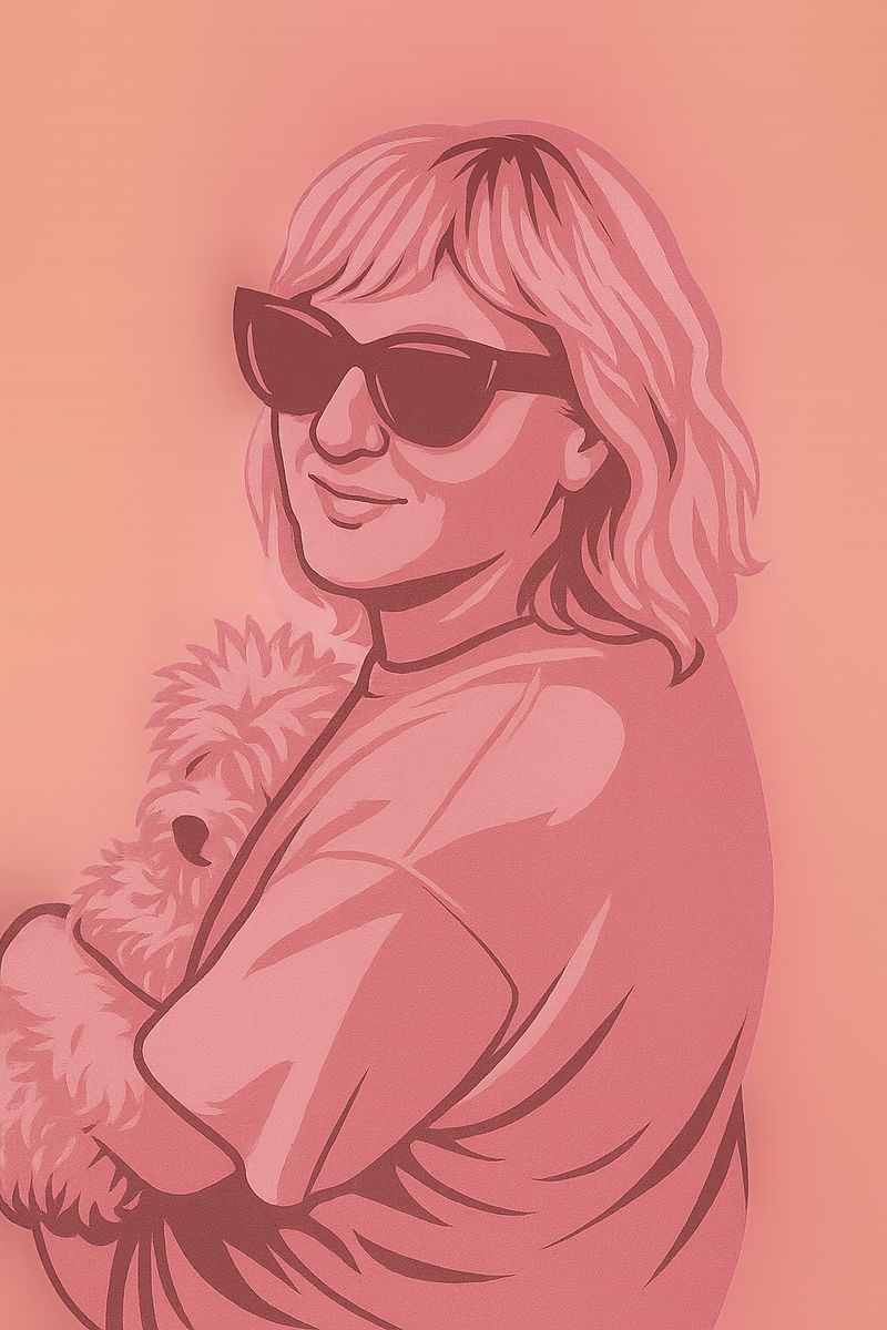 Pop-art portrait of Jane in sunglasses, holding her dog