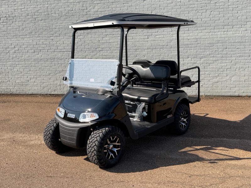 Certified pre-owned 2026 E-Z-GO RXV Elite in black with rear flip seat and custom wheels, for sale at Jane's Golf Carts in Pearl, MS