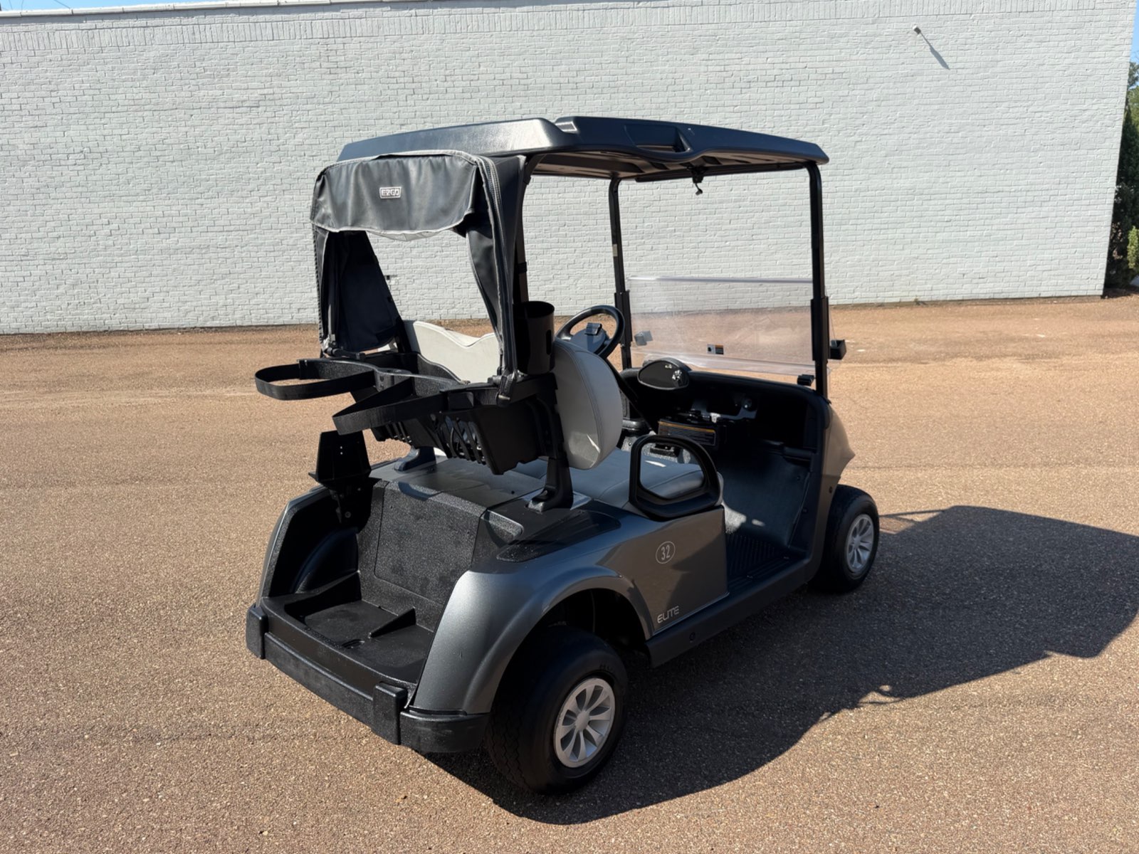 2021 E-Z-GO RXV Elite Golfer's Edition Electric Golf Cart - Grey - Samsung Lithium Battery - rear angle with golf bag holder - Jane's Golf Carts Pearl MS
