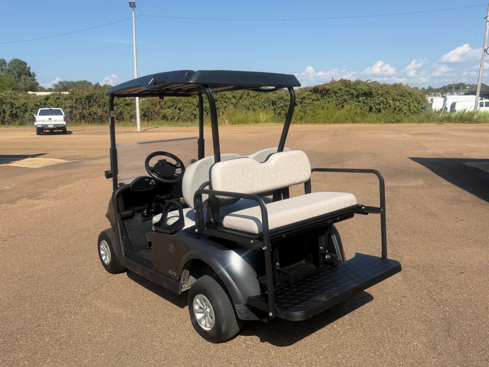 2021 E-Z-GO RXV Elite 4-Passenger Electric Golf Cart - Grey with Premium Seats - Samsung Lithium Battery - rear angle, driver side - Jane's Golf Carts Pearl MS